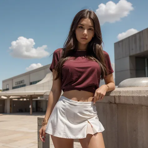 1girl in, 30 years old, Square face, Long hair, Looking at viewer, jewelry, Reality, Sexy, Short skirt outfit, sky background , free pose