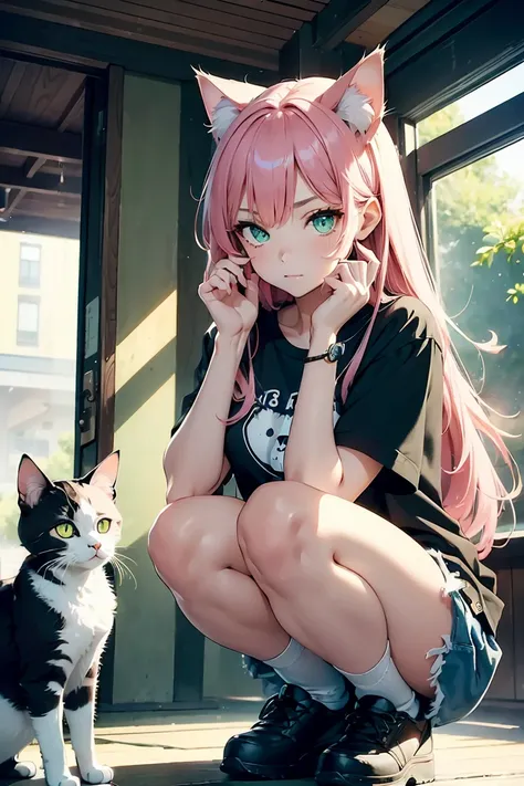 ((Cat and girl)),squat, Watching a cat, Loosened look , cute,Latest Fashion Trends ,Open chest,T-Shirts, Shorts,((Very detailed,Highest quality, High resolution, 8k wallpaper, Beautiful clothes,)),((Pink Hair, Long Hair,Straight hair,Both sides up)) ,(Gree...