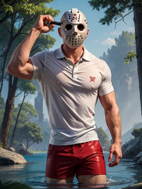 (masterpiece, 4k, ultra detailed), jason voorhees, single, masculine, light skin, jason's white hockey mask, bald, sexy, muscula...