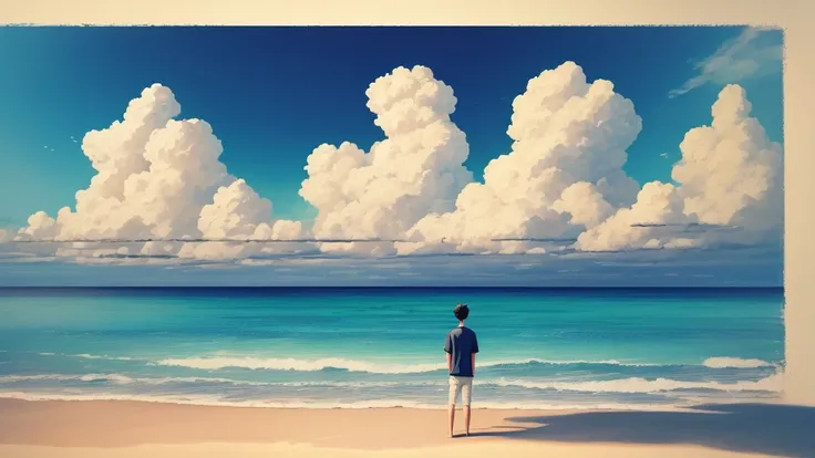 ### Prompt for Generating Flawless Illustration:
"Generate an illustration of a man standing along a serene coastline under the sunlight. Behind him, cumulus clouds fill the summer sky, which stretches high and blue. His expression reflects tranquility and...