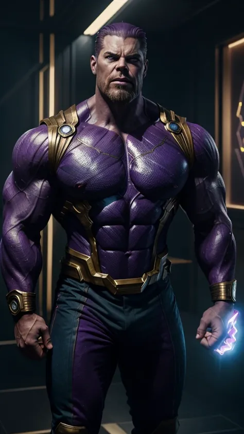 A muscular thanos with glowing infinity gauntlet, angry expression, wearing a tailored suit, cinematic lighting, detailed face, hyperrealistic, 8k, high quality, photorealistic,dark