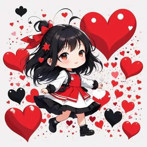 Black Star Red and White style, Simple Line Initialism，Abstract art，Urban Background, colorful hearts ,(((The most beautiful girl of all time))), (((chibi))), playing with Cute amoeba