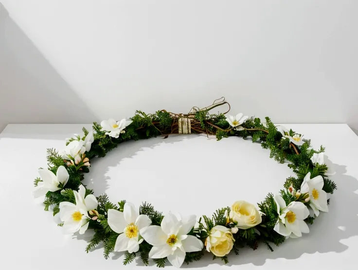 White background,a wreath, Made of flowers, Perfect minimalist composition, , elegant composition, Beautiful composition 3-d 4k, Background still life photo