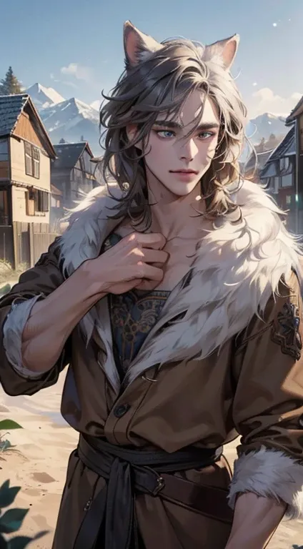 a highly detailed portrait of a 31-year-old boy, a werewolf-like fantasy creature with short gray fur, adorable facial features, big blue eyes, fluffy hair around the neck, wearing brown adventure clothing, barefoot, standing in a detailed outdoor village ...