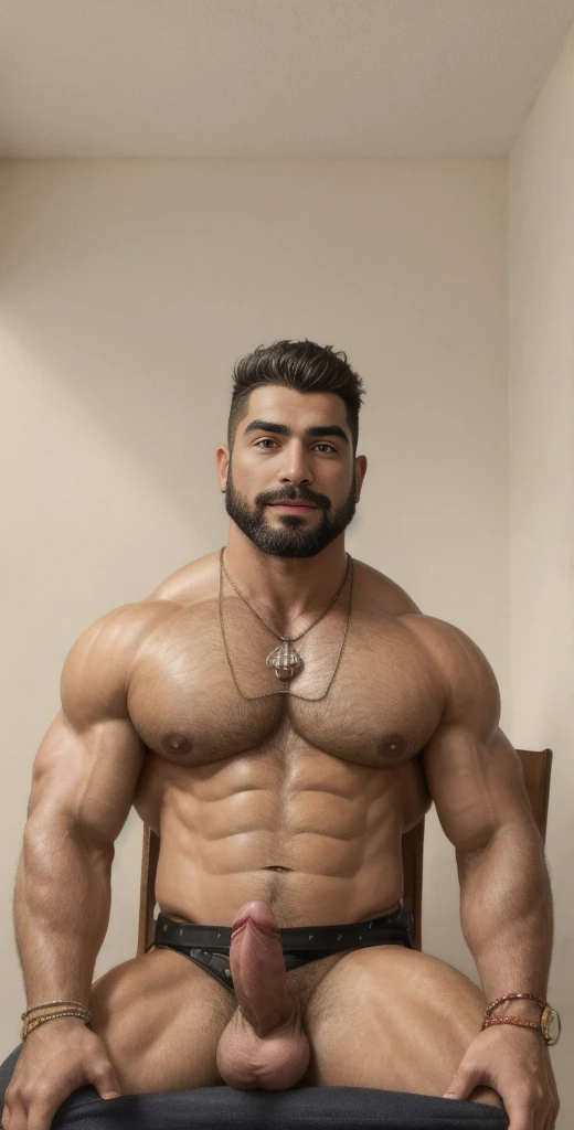 (masterpiece, intricately detailed, highest resolution, best quality:1.2),a cocky Assyrian male model,a 80 y.o muscle dad with a muscular physique sitting on a chair with black eyes,dark-skinned male, huge beard, mutton- chops, wearing chest harness, brace...