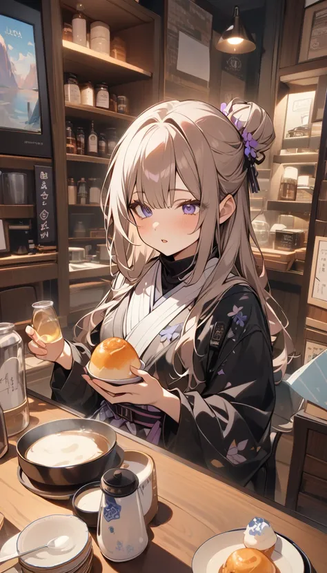 anime girl holding a plate of food in front of a table