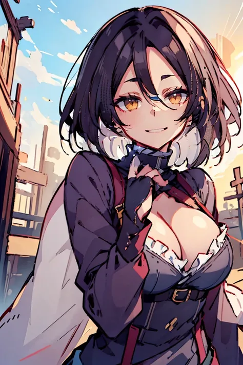 (masterpiece:1.2), (high quality:1.2), (hui xiyi:0.7), rekkyo sensen, rekkyou sensen, girls with((black hair, (tits cleavage:1.15), (breasts close up:1.15), (suspenders:1.2), (dress:0.65), (belts:0.7), (frills shirt:1.2), (white knit sweater:1.2), (blue fr...