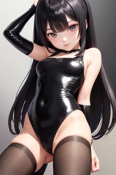 school girl, good anatomy, good hands, good legs, black long hair, latex leotard, M-shaped legs