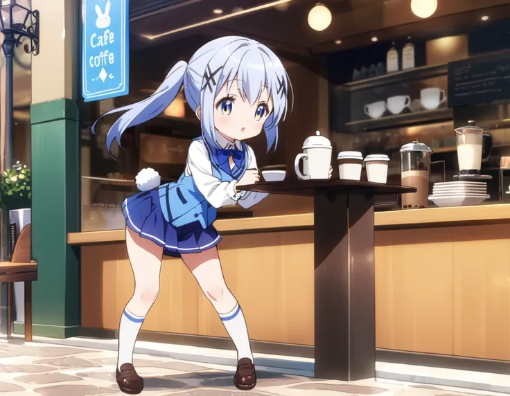 chino, best quality,perfect face, shining eyes, cafe,carrying a tray of coffee,loli,full body,blue vest,short skirt,rabbit ornam...