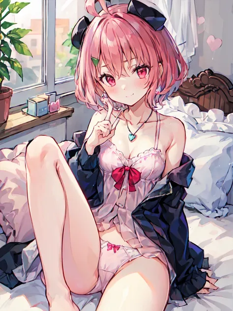 1girl in, PhiluffyAingram, solo, breastsout, looking_at_viewer, red blush, a smile, bangss, small breasts, hair_between_eyes, just_shoulders, short hair, jewely, sitting on, closed_mouth, undergarment, clavicle, panties on, red eyes, pink_hair, Ahoge, hear...