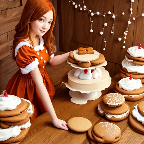 young woman, orange hair, hazel eyes, (gingerbread dress) kitchen