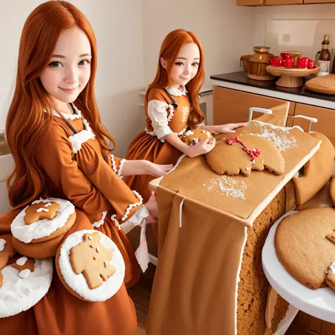 young woman, orange hair, hazel eyes, (gingerbread dress) kitchen