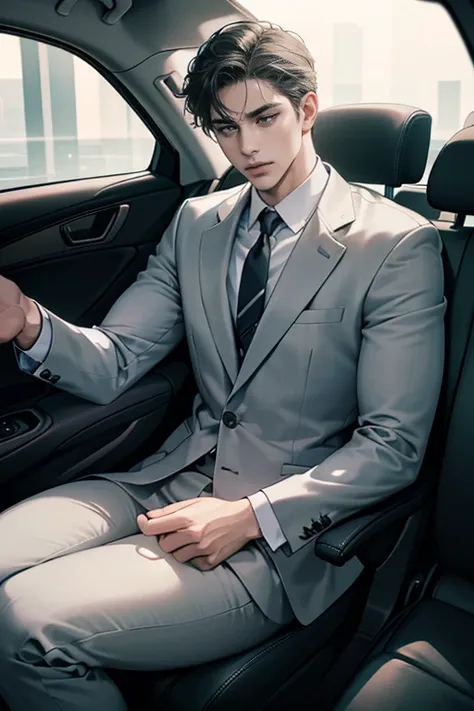 (1 man, 31 years old, CEO in a grey suit, sleeping in a car, full body shot, expression of love, photorealistic, 8k, high definition, masterpiece, ultra-detailed, hyper-realistic, studio lighting, physically-based rendering, extremely detailed, vivid color...