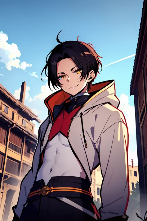 hui xiyi, rekkyou sensen, rekkyo sensen, black hair, yellow eyes, boy, male, hoodies, long sleeves, belly button, black pants, background with((fantasy world, ruin, castle, beautiful sky, shining sky, sunshine))