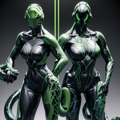 a beautiful girl who merged with a snake. (high quality) （black and green image color）. bodysuits. cyber style. circuit pattern....