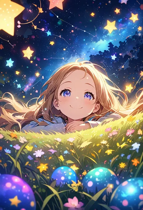 ((ultra detailed face)),forehead,Describe a scene in which a cute girl character is lying on a grassy hill, Look up at the starry sky. Surround her with colorful nebulae and her favorite constellations.(((big smiling)))