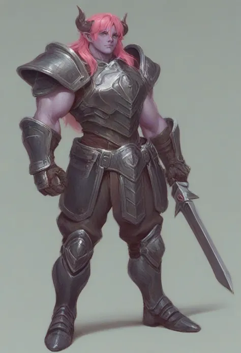 a purple skin man, with pink hair and horns, buff, athletic, big muscles, full body armor, warrior, big chest, manly face, long ...