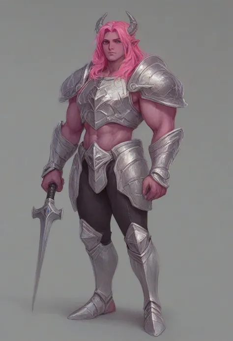 a purple skin man, with pink hair and horns, buff, athletic, big muscles, full body armor, warrior, big chest, manly face, long ...