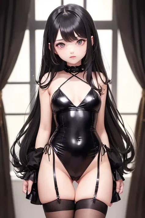 young girl, gothic lolita, good anatomy, (black long hair), (shiny fabric), (micro bikini), good thighs, good hands, sexy camisole