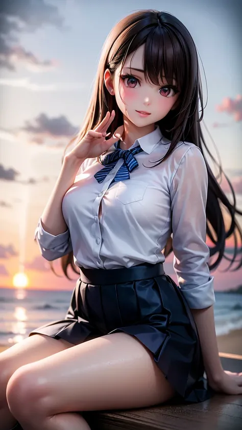 a beautiful 3girls with long brown hair and brown eyes, looking at the viewer with a gentle smile, her bangs framing her face, wearing a white collared shirt and a pleated blue skirt, sitting on a beach as the sun sets in the background, her friends with b...