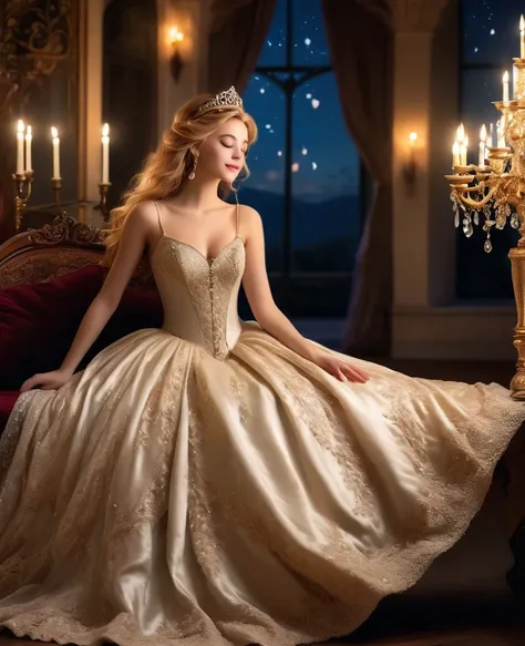 princess, blissful languor, dreamy gaze, beautifully adorned gown, enchanting castle, golden tiara, flowing golden hair, sparkling eyes, starry night sky, soft candlelight, dancing shadows, whispered secrets, romantic atmosphere, gentle breeze, rustling le...