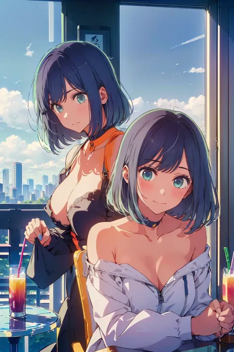 (Highest quality:1.4、8K:1.4、detailed)、F cup bust、Big Breasts、Slim body、Very white beautiful skin、((((1 person、smile、Surprised expression、sit、Chair、 the background are the urban buildings of Tokyo、looking at the camera、Indoor cafe terrace、Navy hair color、St...