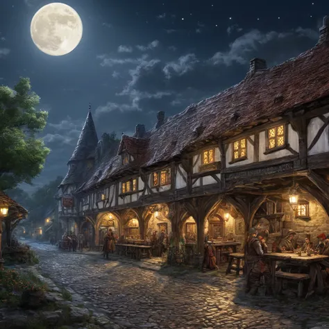 ((best quality)), ((masterpiece)), ((realistic,digital art)), (super detailed), (large tavern under the moonlight on the side of a main road), lune rouge, (Medieval style)