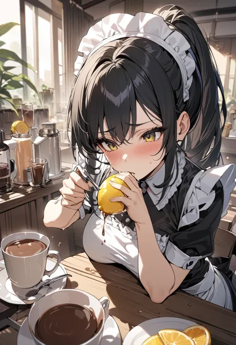 masterpiece, best quality, extremely detailed, anime, Girl, black hair, ponytail, maid outfit, table, cocoa, (she squeezing lemon), juice poured into cocoa,