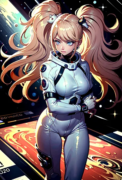 Ridiculous resolution, high resolution, (masterpiece:1.4), Extremely detailed, 1 Girl, in spacesuit, Look from above, space, floating, satellite, Running posture, Wide-angle lens distortion