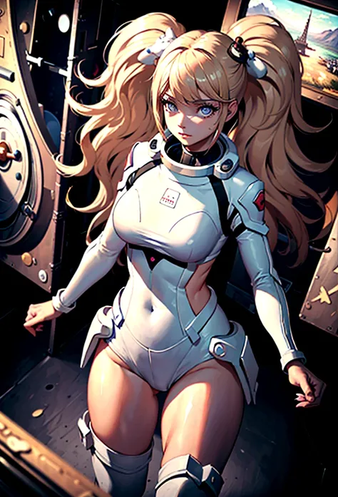 Ridiculous resolution, high resolution, (masterpiece:1.4), Extremely detailed, 1 Girl, in spacesuit, Look from above, space, floating, satellite, Running posture, Wide-angle lens distortion