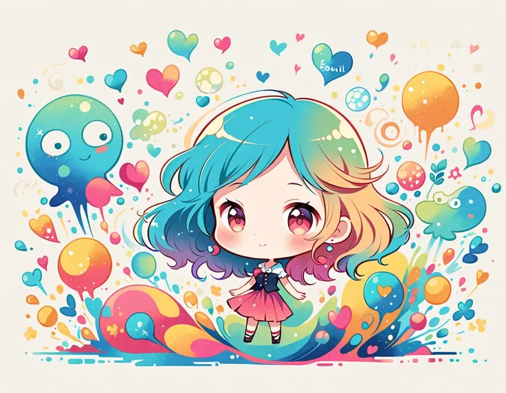 Momoko style, Simple Line Initialism，Abstract art，Urban Background, colorful hearts ,(((The most beautiful girl of all time))), (((chibi))), (((Cute amoeba)))