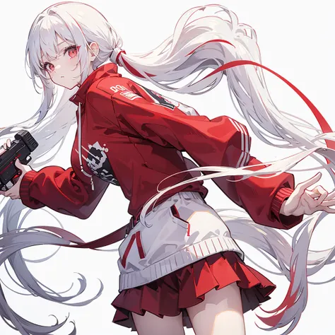 A girl with a high ponytail wearing a red sweatshirt，Beautiful figure，White hair，((Pure white background))