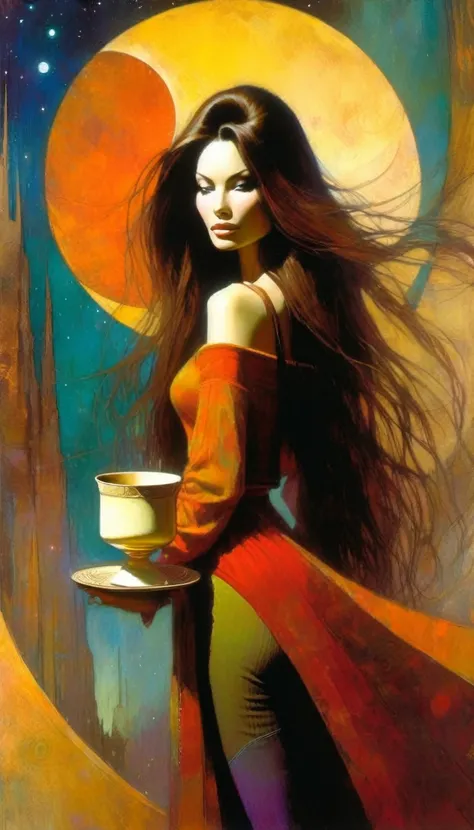 beautiful woman, traveling woman with a luxury cup in one hand, brown long hair, colorful clothes , half moon, discovery, trip (art inspired by dave McKean and Bill Sienkiewicz). oil painting)
