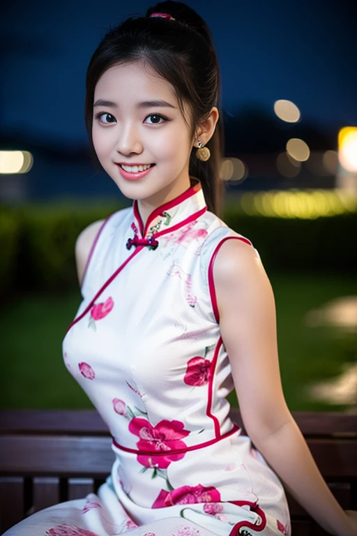 a gorgeous lady, age 18, wearing a traditional qipao, posing naturally under night sky, dimpled smile, short ponytail, cute snag...