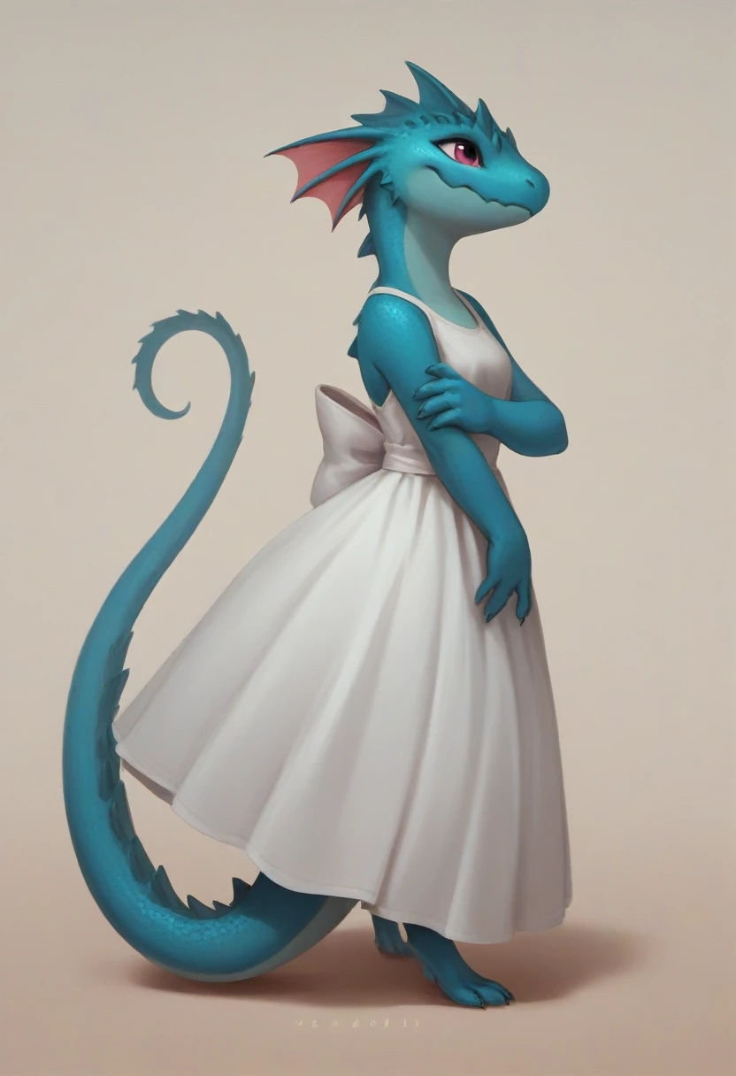 Magical silver dragon in a dress, lizardfolk, cute