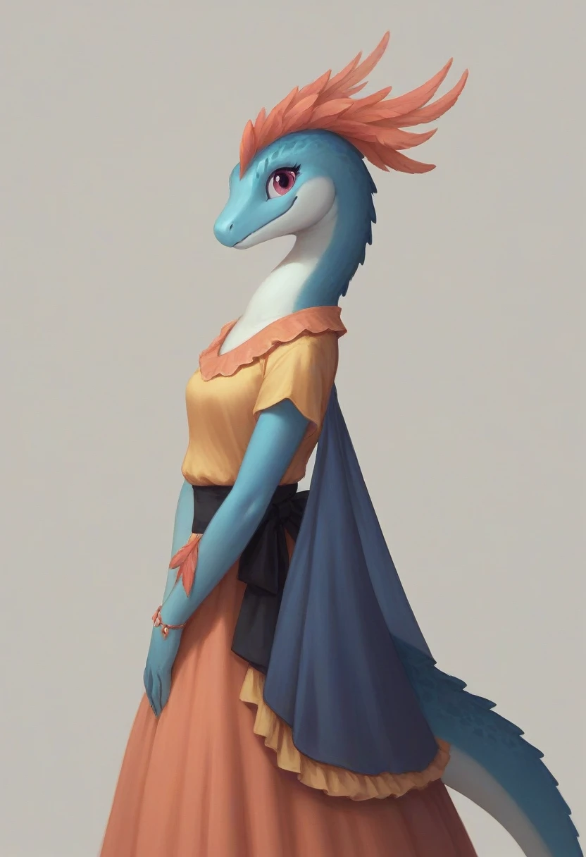 Magical silver dragon in a dress, lizardfolk, cute