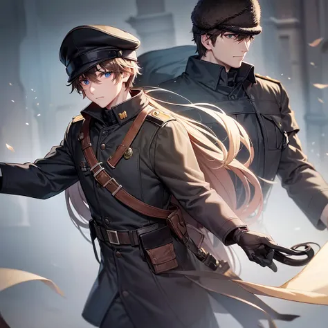 Soviet man, 20 years old,clean face, pale brown hair, blue eyes, ww2 Soviet uniform, AK-47, beautiful strong man, black tactical gloves, black balaclava, ushanka, cold gaze.