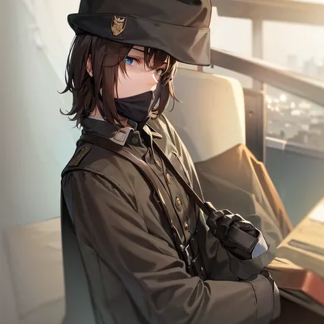 Soviet man, 20 years old,clean face, pale brown hair, blue eyes, ww2 Soviet uniform, AK-47, beautiful strong man, black tactical gloves, black balaclava, ushanka, cold gaze.