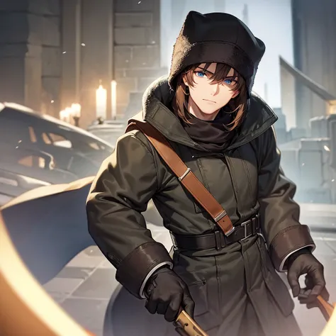 Soviet man, 20 years old,clean face, pale brown hair, blue eyes, ww2 Soviet uniform, AK-47, beautiful strong man, black tactical gloves, black balaclava, ushanka, cold gaze.