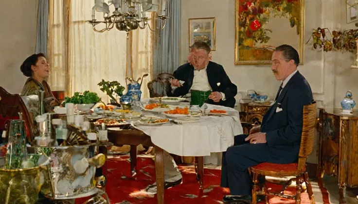 Scene in the living room，A man eats on the left side of the table