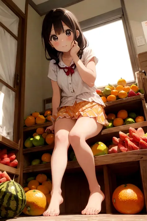 watermelon、mandarin orange、banana、strawberry、pineapple、melon、grapeuscat、strawberryのブラとmandarin orangeの下着の女の子がフルーツたくさんのお風呂に浸かる、ba...