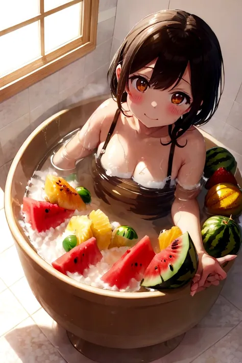 watermelon、mandarin orange、banana、strawberry、pineapple、melon、Grapes、muscat、watermelonのかわいいブラとwatermelonのかわいい下着の女の子、Take a bath in a bath full of fruit、barefoot、