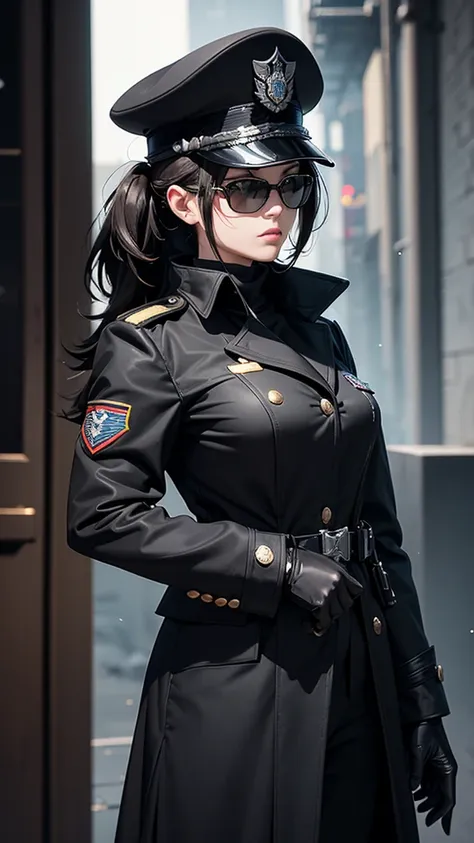 1 girl, solo, arafed women in a black uniform and a black hat, a black dieselpunk policewoman, in black military uniform, detective coat, officer, black greatcoat, police uniform, in black uniform, black armored uniform, dark coat, full uniform, inspired b...