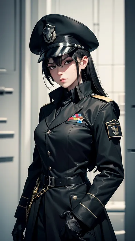 1 girl, solo, arafed women in a black uniform and a black hat, a black dieselpunk policewoman, in black military uniform, detective coat, officer, black greatcoat, police uniform, in black uniform, black armored uniform, dark coat, full uniform, inspired b...