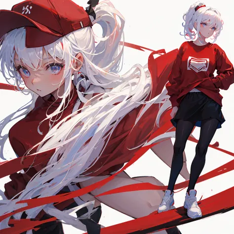 A girl with a high ponytail wearing a red sweatshirt，Beautiful figure，White hair，((Pure white background))