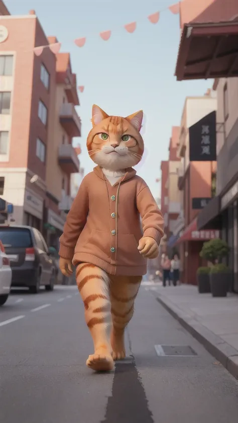 A big ginger cat walking through the city。He looks hungry and tired.。