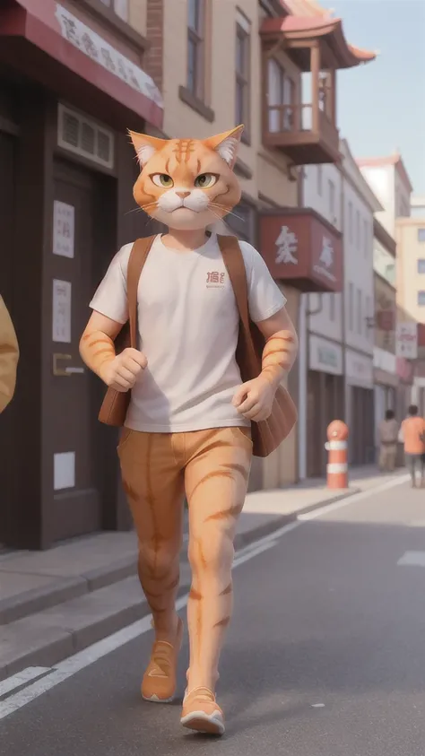 A big ginger cat walking through the city。He looks hungry and tired.。