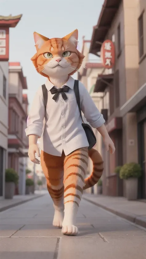 A big ginger cat walking through the city。He looks hungry and tired.。