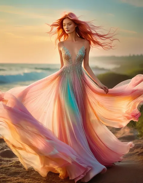  beautiful woman with long pink hair, windy hair, flowing gown, ethereal dress, floor-length, elegant
hand-painted silk, luxurious fabric, flowing chiffon, delicate lace
subtle embroidery, intricate beadwork, shimmering sequins
vibrant colors, pastel tones...