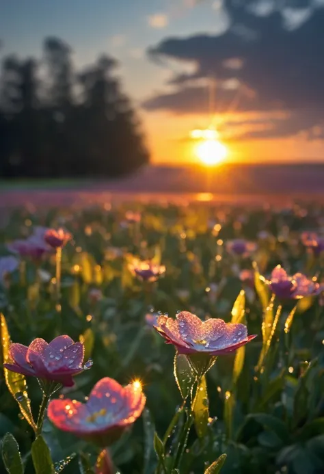 The first rays of sunlight in the morning，Dew on flowers，(sunrise)，Beautiful picture，HD Wallpapers